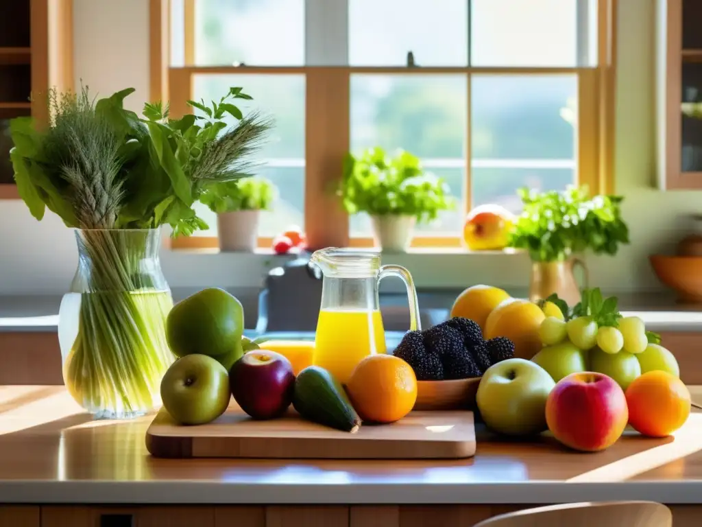 Una escena serena de una mesa de cocina iluminada por el sol con frutas, verduras y granos enteros. <b>Alimentación consciente para reducir estrés.