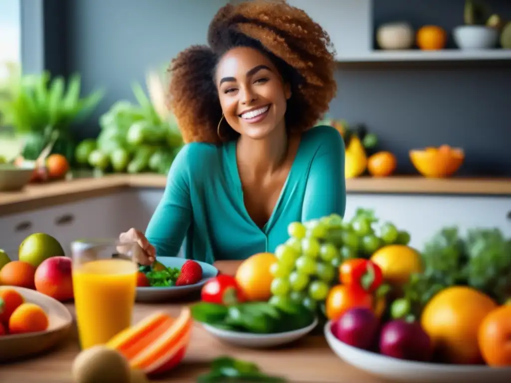 Una escena vibrante y colorida de alimentación saludable, con una persona sonriente disfrutando de una comida balanceada. Los pensamientos impacto alimentación saludable están presentes en la atmósfera tranquila y armoniosa de la imagen.