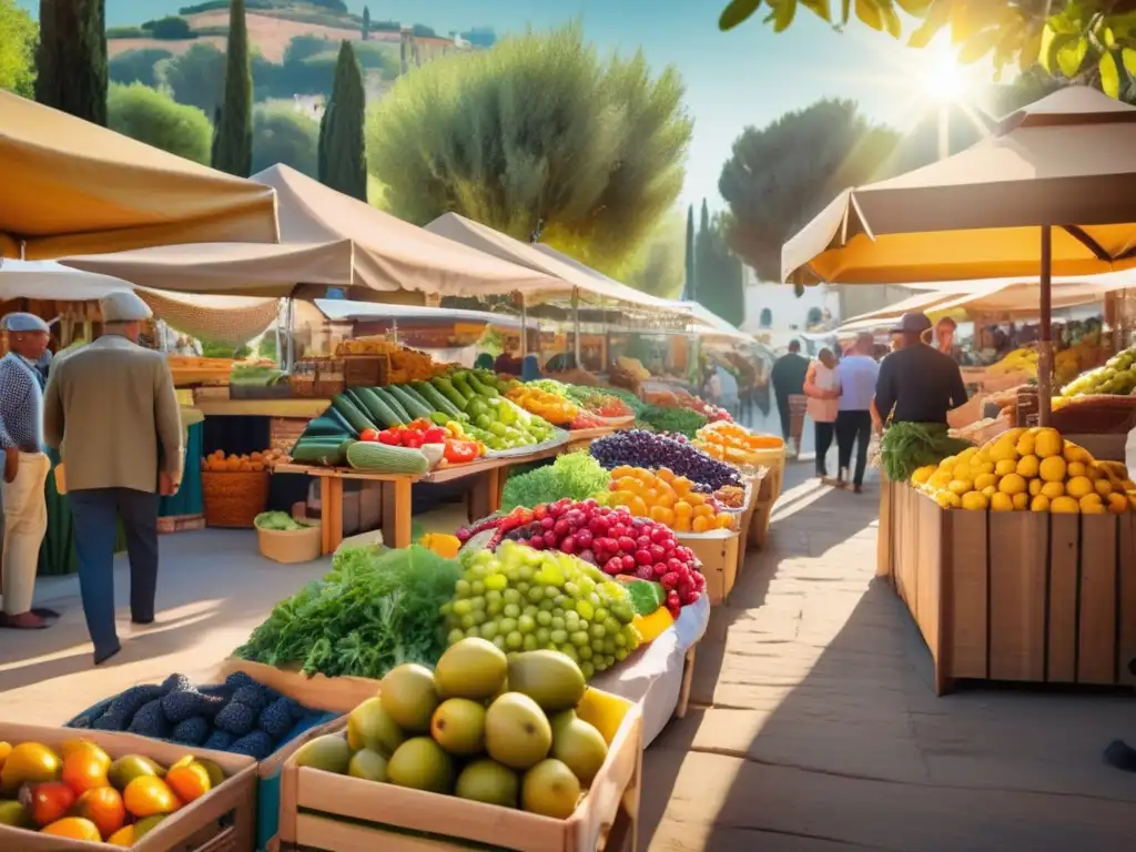 Una escena vibrante de un mercado mediterráneo con frutas y verduras coloridas, rodeado de olivos. Personas modernas compran, reflejando la dieta mediterránea sostenible y saludable.