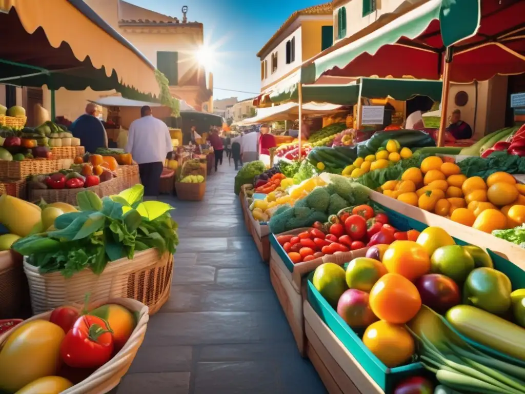 Una escena vibrante de un mercado mediterráneo con frutas y verduras frescas bajo la cálida luz del sol. <b>Beneficios dieta mediterránea tendencia saludable.