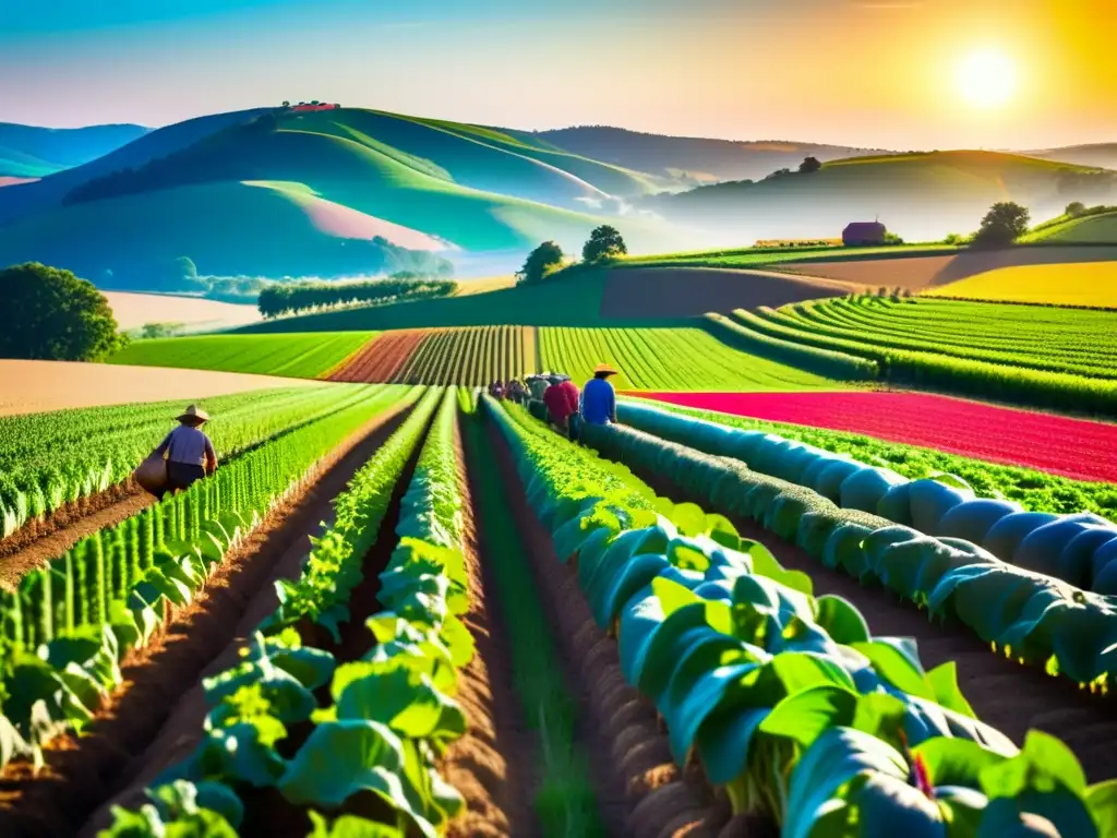 Una escena vibrante y moderna de un campo verde exuberante con hortalizas y frutas coloridas. <b>Los agricultores cuidan los cultivos, destacando la conexión entre nutrición sostenible, bienestar animal y el esfuerzo humano.