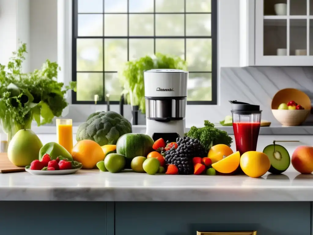 Un escenario de cocina vibrante y moderno con una hermosa variedad de frutas y verduras frescas y coloridas en una elegante encimera de mármol. <b>La luz del sol resalta las texturas y tonos vibrantes de los productos, creando una atmósfera acogedora y saludable.</b> En el