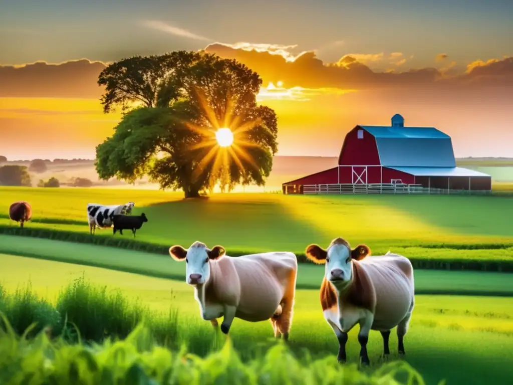 Atardecer armonioso en granja sostenible Un escenario agrícola exuberante y vibrante con ganadería sostenible y cultivos orgánicos, bañado por la cálida luz del atardecer.