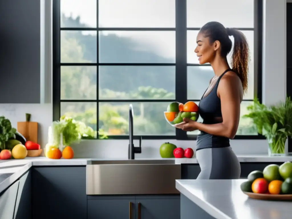 Un espacio de cocina moderno y sereno con luz natural, frutas frescas y una persona disfrutando de agua. <b>Beneficios del ayuno intermitente.