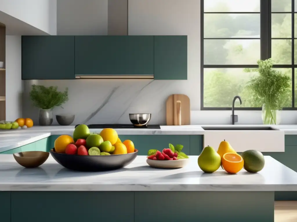 Un espacio minimalista y sereno en la cocina, con frutas frescas y agua infusionada. <b>Promoviendo mindfulness en dieta saludable.