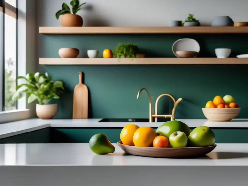 Armonía en la cocina: frutas frescas, planta verde y tranquilidad