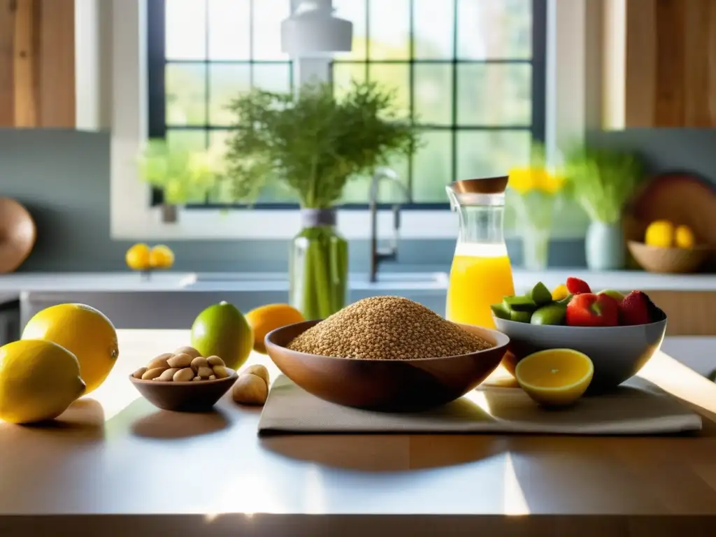 Un espacio sereno y moderno en la cocina con una mesa de madera repleta de frutas, verduras y granos enteros. <b>La luz del sol ilumina los alimentos nutritivos.</b> <b>Una jarra de agua con rodajas de limón y un tazón de frutos secos y semillas añaden un toque natural.</b> El