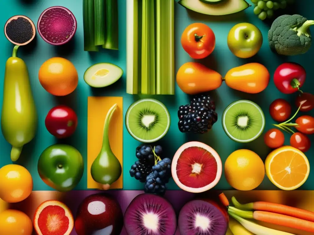 Un estallido de color en una composición geométrica moderna de frutas y verduras frescas. <b>Nutrigenómica revolución alimentación saludable.