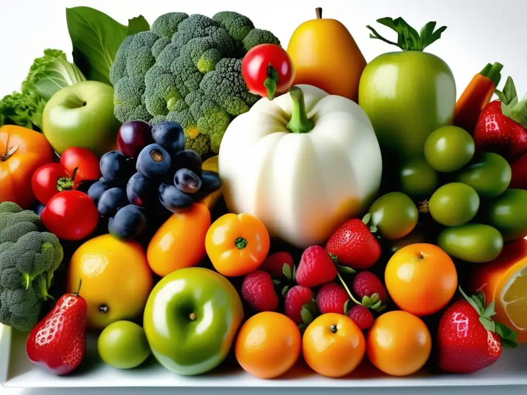 Un estallido de colores y frescura en una exquisita exhibición de frutas y verduras, ideal para el plan alimentación triatletas energía.