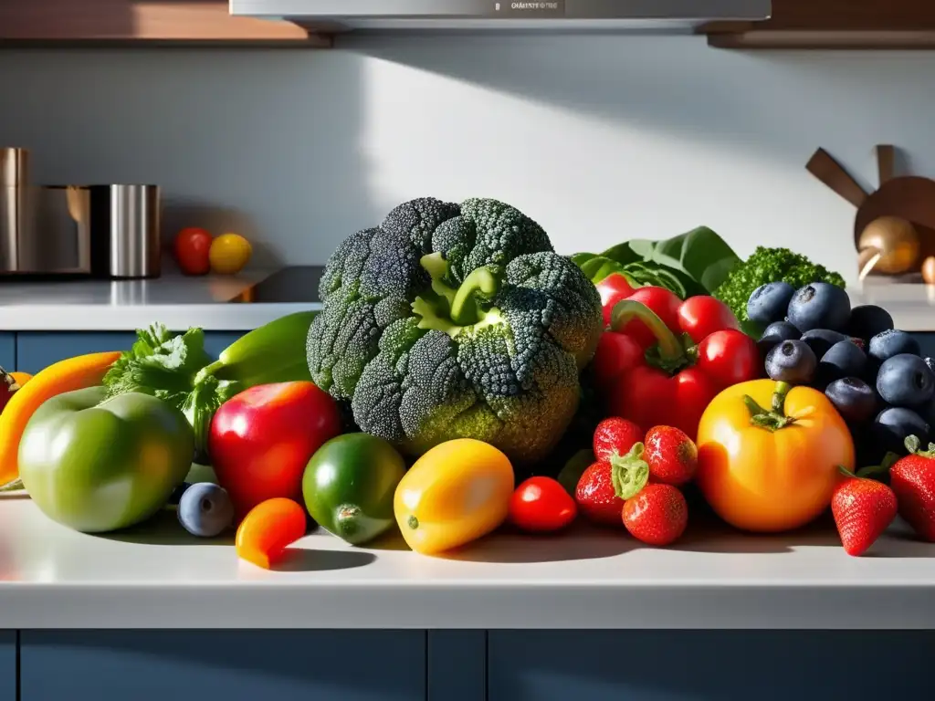 Un estallido de colores en frutas y verduras frescas en una cocina moderna. <b>Estrategias alimentarias para controlar la diabetes tipo 1.
