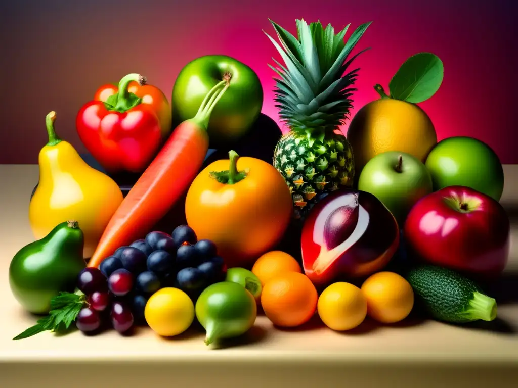 Un estallido de colores y texturas en una composición de frutas y verduras frescas. <b>Alimentos funcionales para bienestar diario.