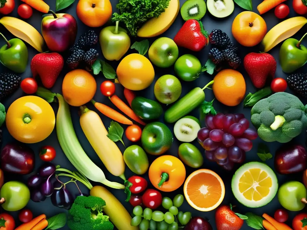 Un estallido de colores y texturas en una composición circular de frutas y verduras frescas sobre fondo oscuro, resaltando su vitalidad. <b>Prevención diabetes tipo 1 alimentación.