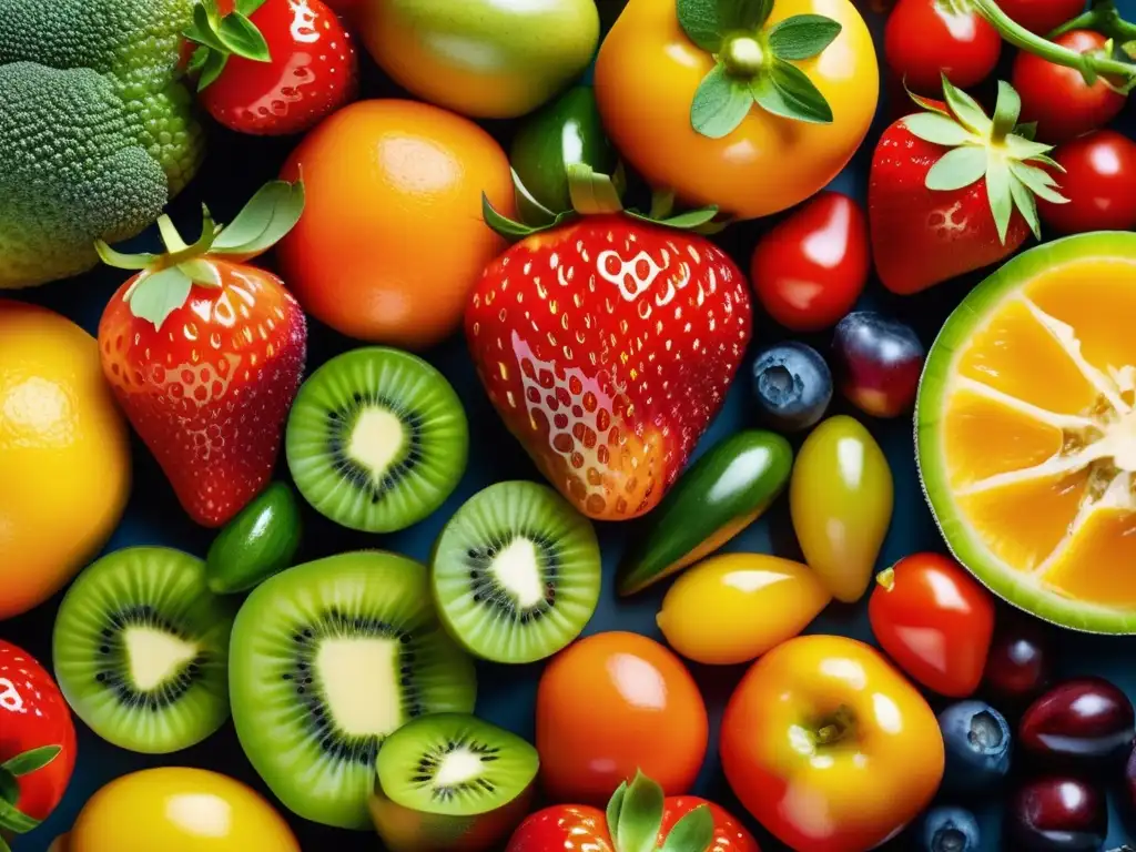 Un estallido de colores y texturas en una variedad de frutas y verduras frescas, que muestra la abundancia y diversidad de alimentos nutritivos. Relación entre diabetes e intolerancia al gluten.