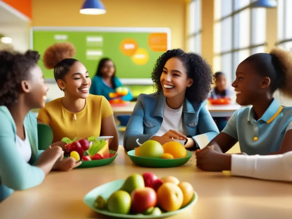 Estudiantes participan en una lección interactiva sobre nutrición en la cafetería de la escuela. <b>Enseñando nutrición en las escuelas.