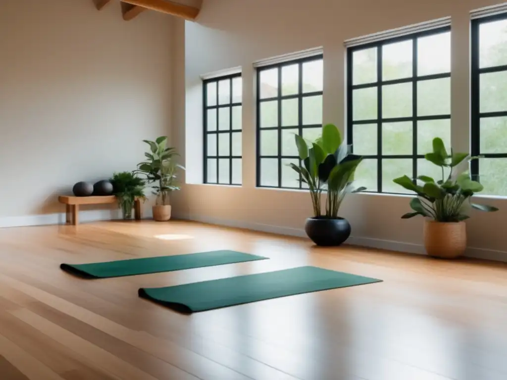 Un estudio de yoga minimalista y sereno, bañado en luz natural, transmite calma y paz. <b>Perfecto para el enfoque del artículo sobre estrés y distorsión de imagen corporal.