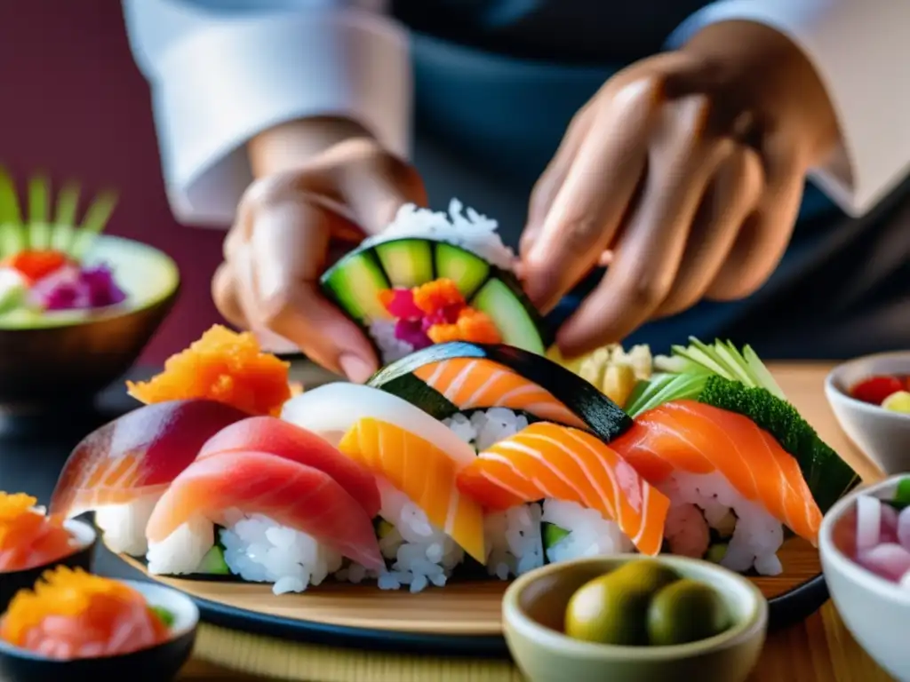 Un experto sushi chef prepara con esmero un nutritivo chirashi bowl, con lujosas piezas de sashimi y arroz. <b>Cocina japonesa platos nutritivos.