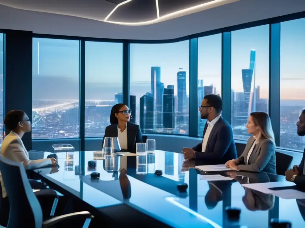 Conversación futurista sobre regulaciones de alimentos funcionales Expertos en alimentos funcionales y marco legal discuten innovaciones en sala de reuniones futurista, con vista a la ciudad.