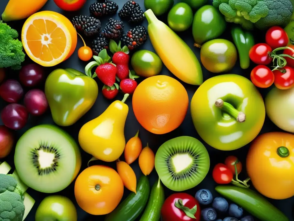 Una explosión de color y frescura en una composición artística de frutas y verduras. <b>Prevención de enfermedades a través de la nutrición.