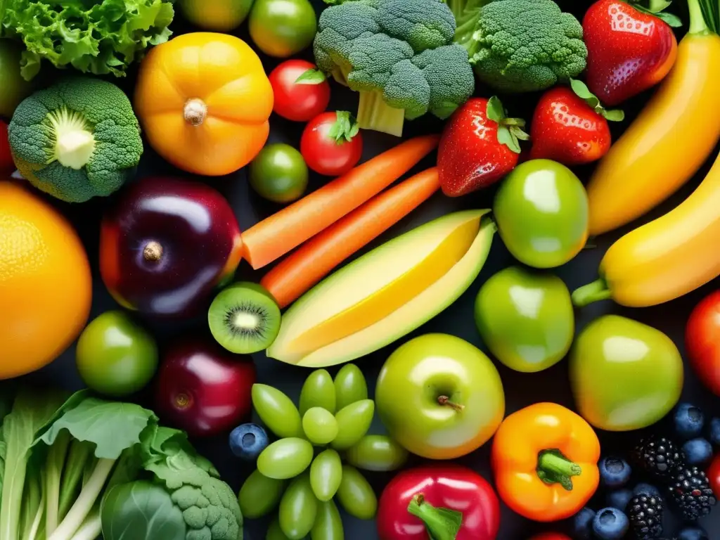 Una explosión de color y frescura en frutas y verduras, realzando la importancia de la microbiota intestinal en la nutrición.