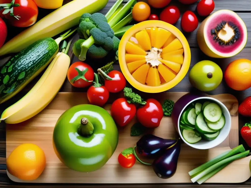 Una explosión de color con una variedad de frutas y verduras frescas sobre una tabla de cortar de madera. <b>Gotas de agua brillan en la superficie.</b> <b>La composición exuda frescura y vitalidad, mostrando la abundancia de opciones saludables.</b> Ideal para el artículo sobre 'Riesgos dietas extremas consumidores'.