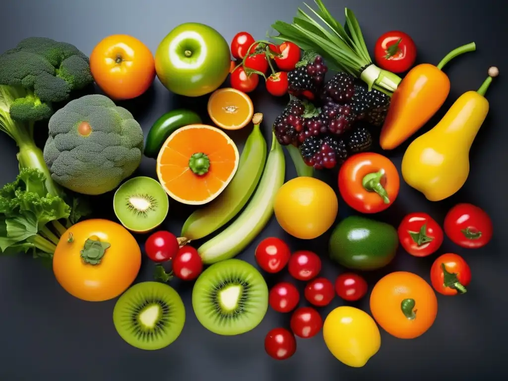 Una explosión de coloridos frutas y verduras frescas, dispuestas de forma llamativa e irresistible. <b>Consejos dieta vegetariana niños.