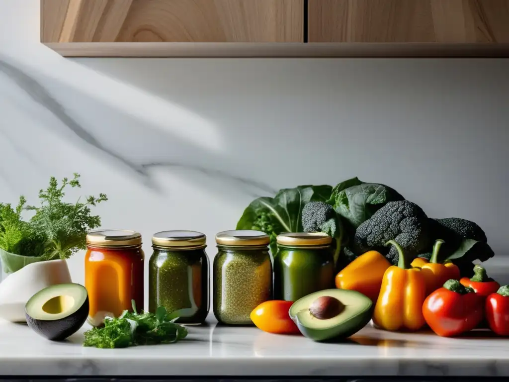 Una exquisita armonía de ingredientes frescos y vibrantes sobre una encimera de mármol blanco, iluminados por la suave luz natural. Recetas cocina ayurvédica dosha balancear