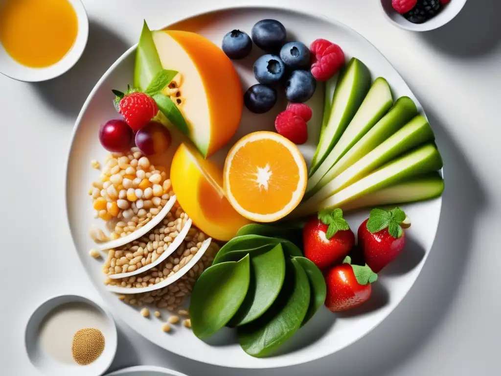Una exquisita y colorida composición de alimentos saludables, frescos y variados, muestra la interpretación de guías alimentarias en platos saludables.