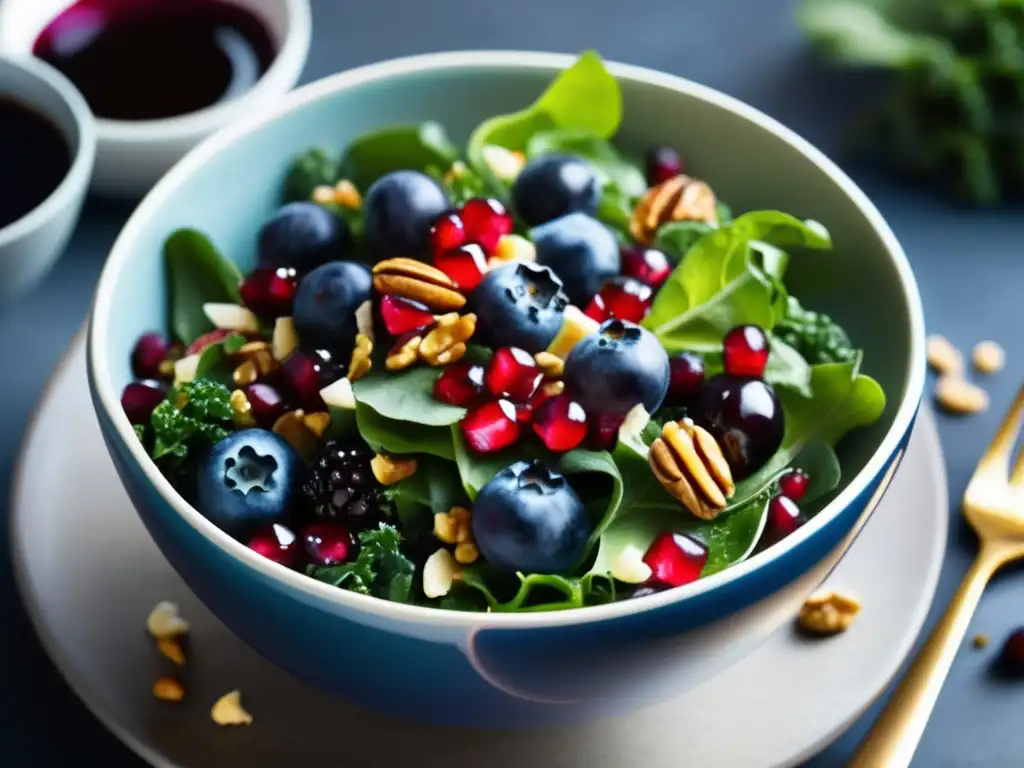 Una exquisita y colorida ensalada antioxidante en un elegante tazón. <b>Recetas cocina antioxidante envejecimiento prematuro.