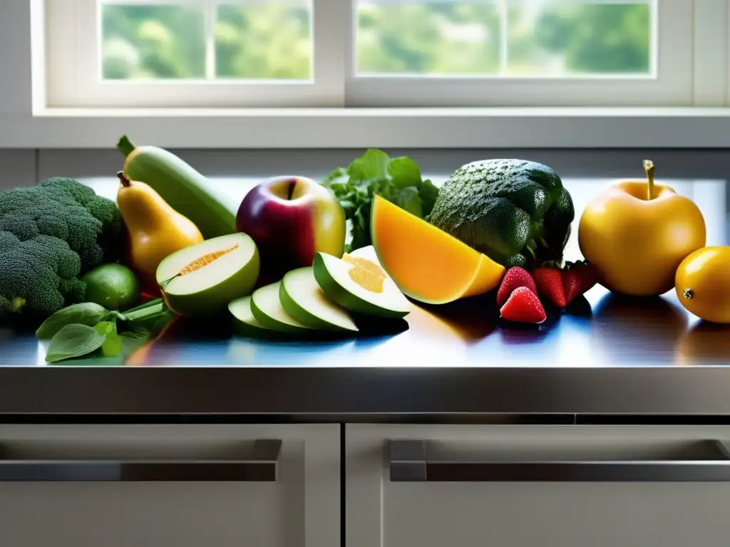 Una exquisita y colorida selección de frutas, verduras y proteínas frescas en una cocina moderna. Trucos cocina rápida comidas saludables
