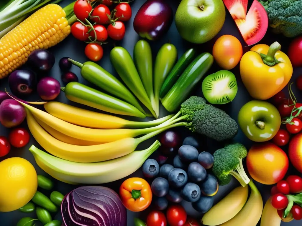 Una exquisita y colorida composición de frutas y verduras frescas, evitando trampas en los trastornos alimentarios.