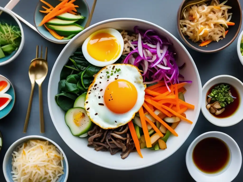 Una exquisita y colorida bibimbap coreana saludable, con vegetales frescos y un huevo frito sobre arroz.
