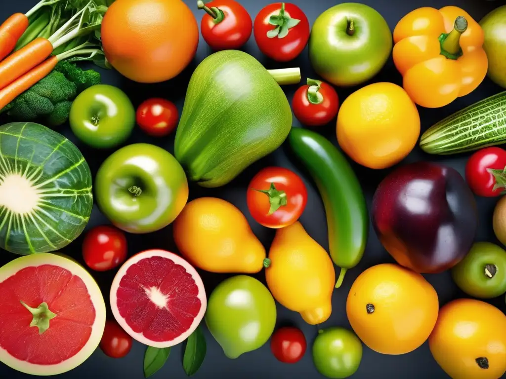 Una exquisita y colorida variedad de frutas y verduras orgánicas, resaltando la frescura y diversidad. <b>Beneficios comida orgánica para salud.