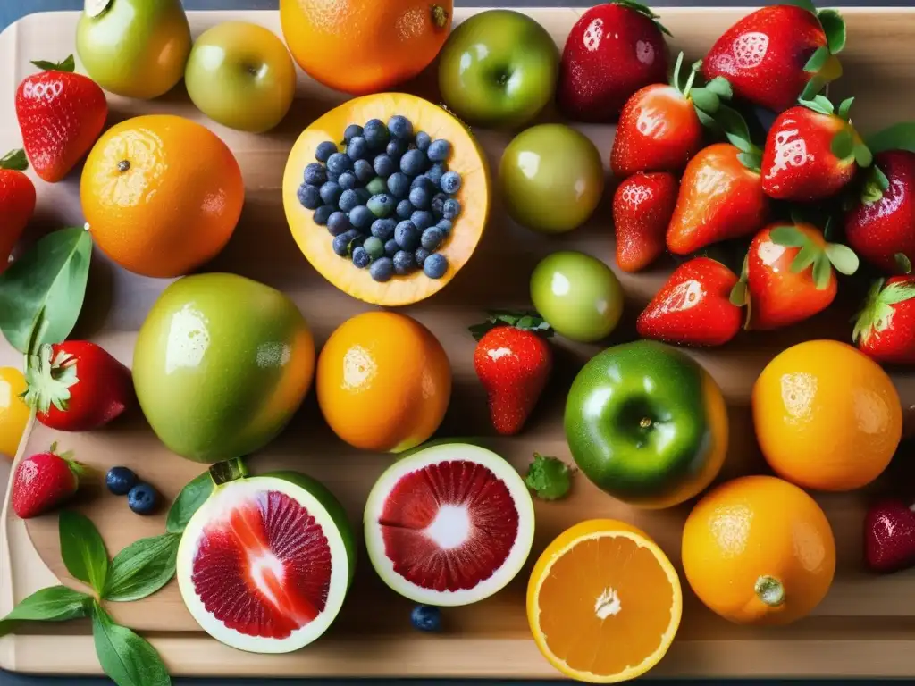 Una exquisita y colorida variedad de frutas y verduras frescas sobre una tabla de cortar de madera, con gotas de agua brillando en sus superficies. <b>La luz natural resalta sus tonos y texturas.</b> <b>En el fondo, una cocina moderna y elegante.</b> <b>Alimentación saludable para mejorar estado anímico.