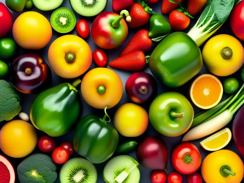 Una exquisita y colorida variedad de frutas y verduras frescas, arregladas en un patrón simétrico. <b>Los vibrantes colores de los alimentos destacan sobre un fondo blanco limpio, con gotas de agua brillando en las superficies.</b> Una exhibición visualmente impresionante y apetitosa que