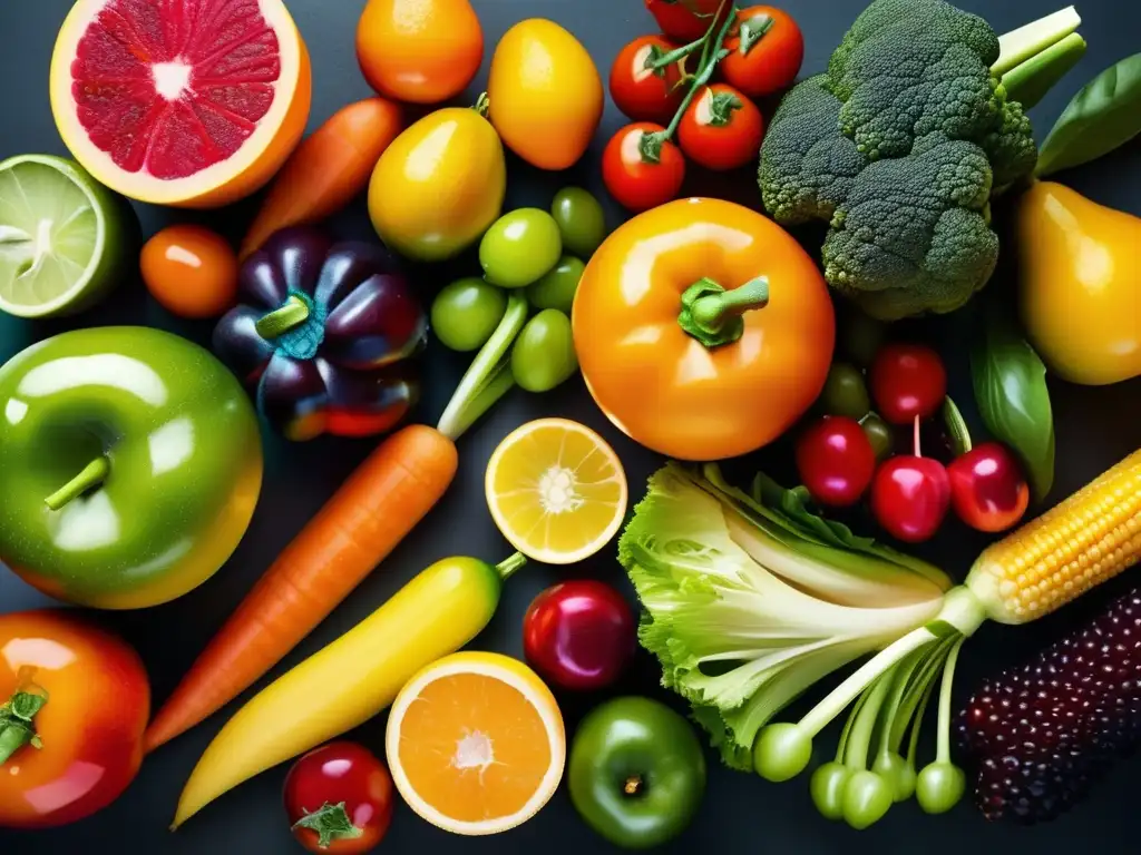 Una exquisita y colorida variedad de frutas y verduras, con gotas de agua que realzan su frescura. <b>Impacto psicología alimentación imagen corporal.