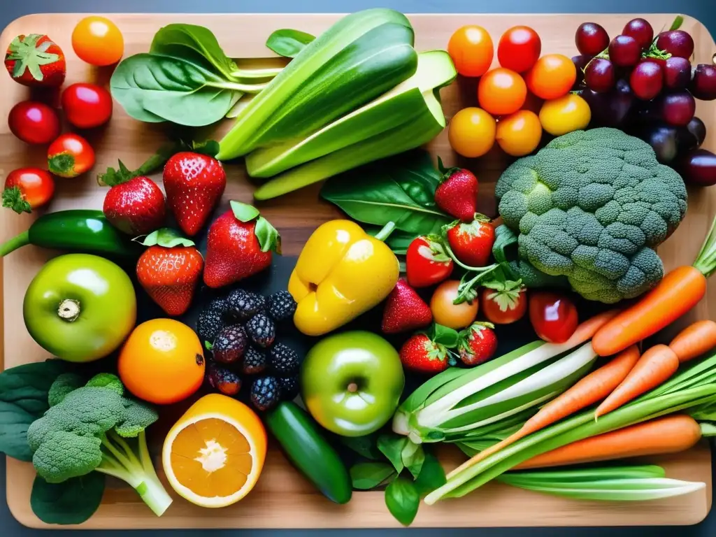 Una exquisita composición de frutas y verduras frescas, perfectamente dispuestas en una tabla de cortar de madera. Colores vibrantes y frescura que reflejan los principios y efectos positivos de la Dieta Whole30.