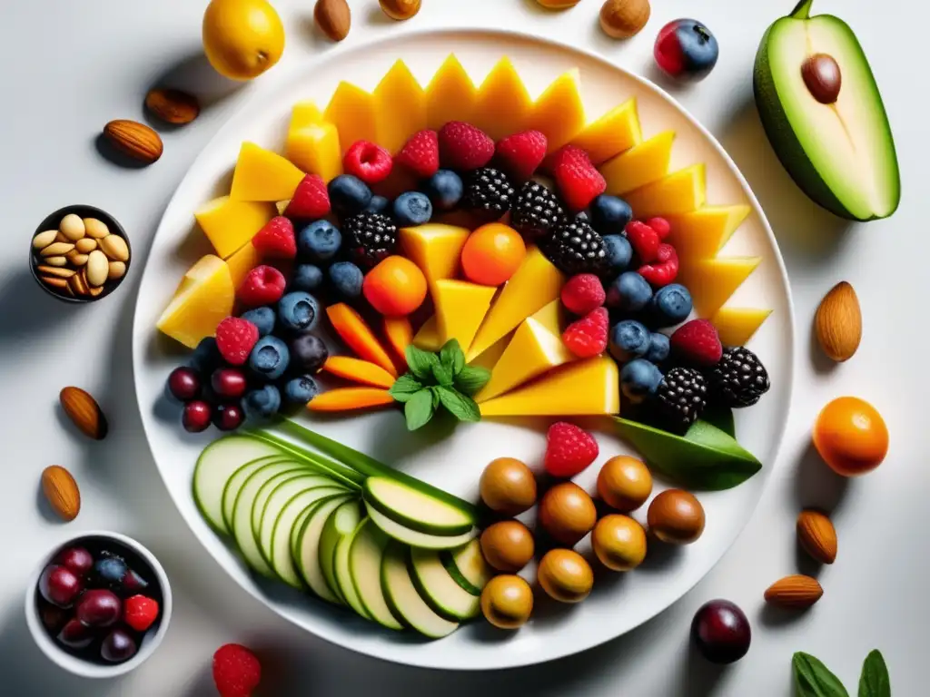 Una exquisita composición de frutas, verduras y frutos secos en un plato blanco, destacando la nutrigenómica para enfermedades hereditarias.