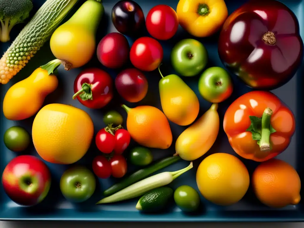 Una exquisita composición de frutas y verduras frescas, resaltando sus colores, texturas y formas. La luz natural realza su frescura y atractivo, invitando a apreciar los beneficios de estos alimentos funcionales.
