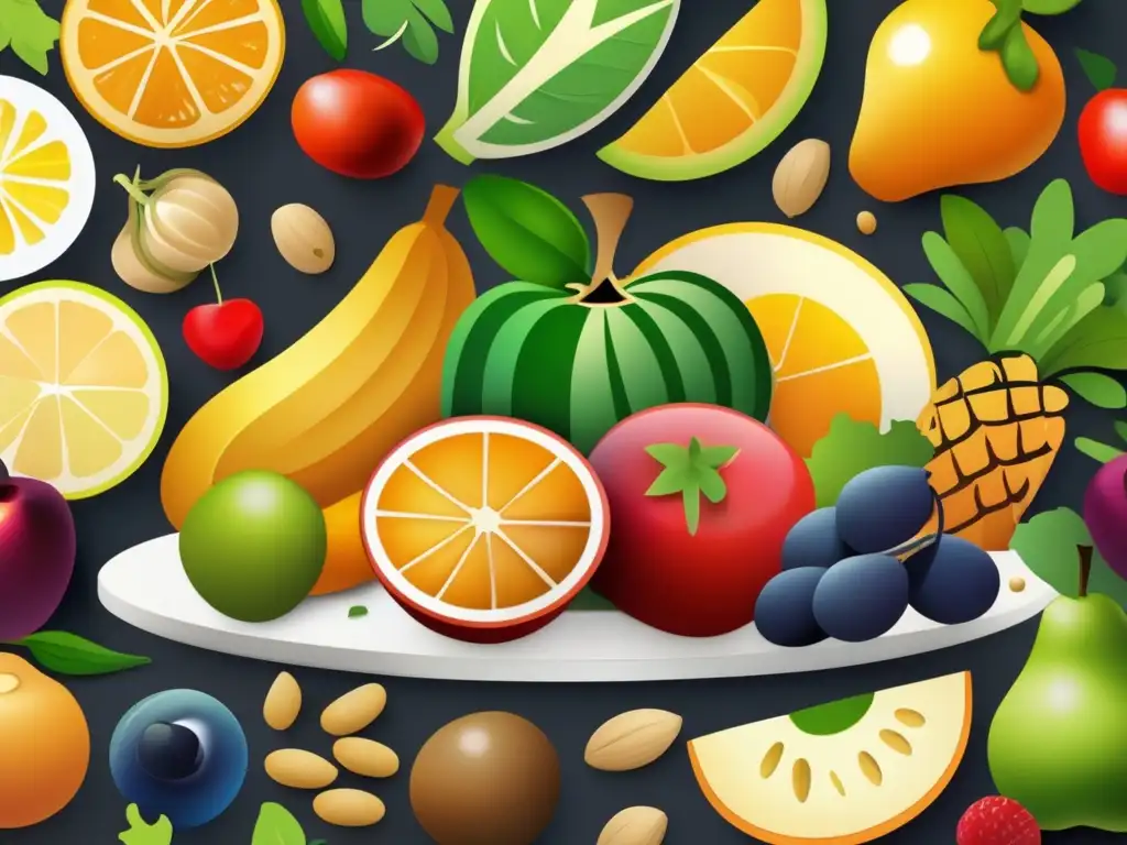 Una exquisita composición de frutas, verduras, granos enteros y proteínas magras en una presentación visualmente atractiva y apetitosa, que irradia salud, nutrición y bienestar. <b>Prevención enfermedades crónicas alimentación saludable.