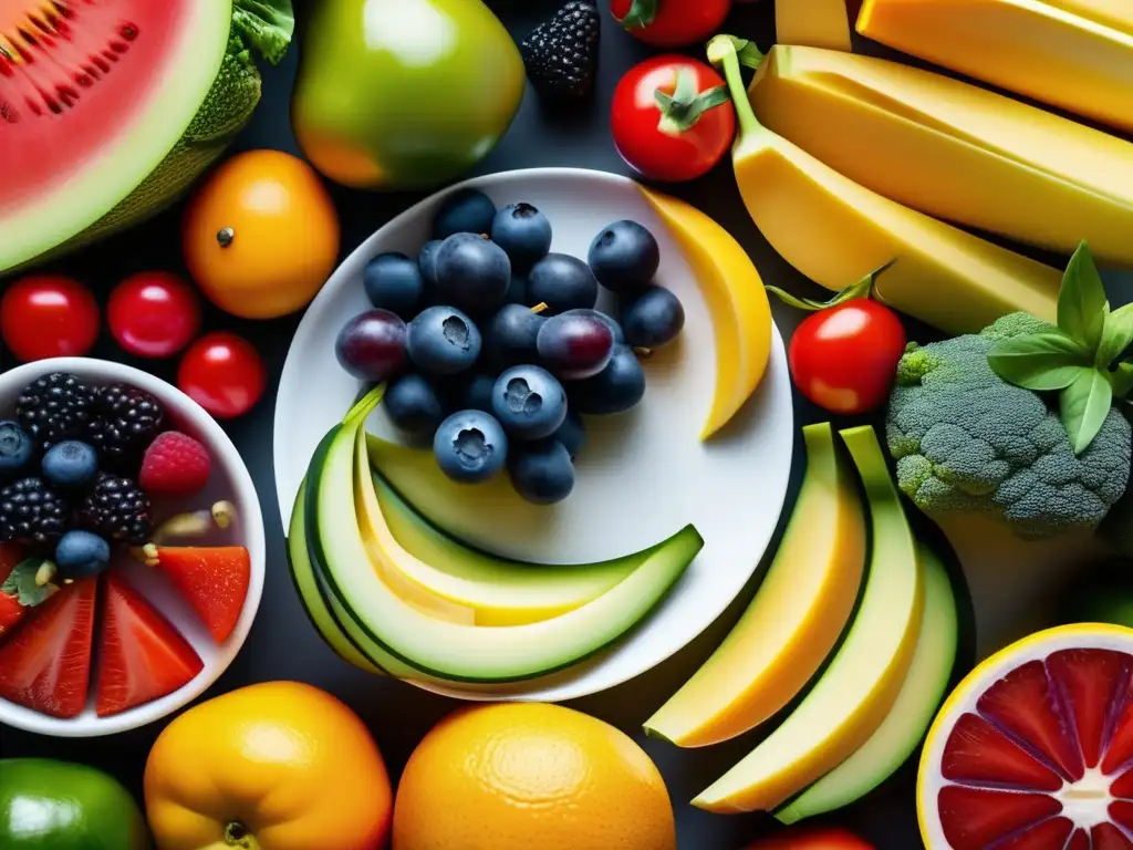 Una exquisita composición de frutas y verduras frescas en un plato blanco, brindando consejos para manejar la selectividad alimentaria.