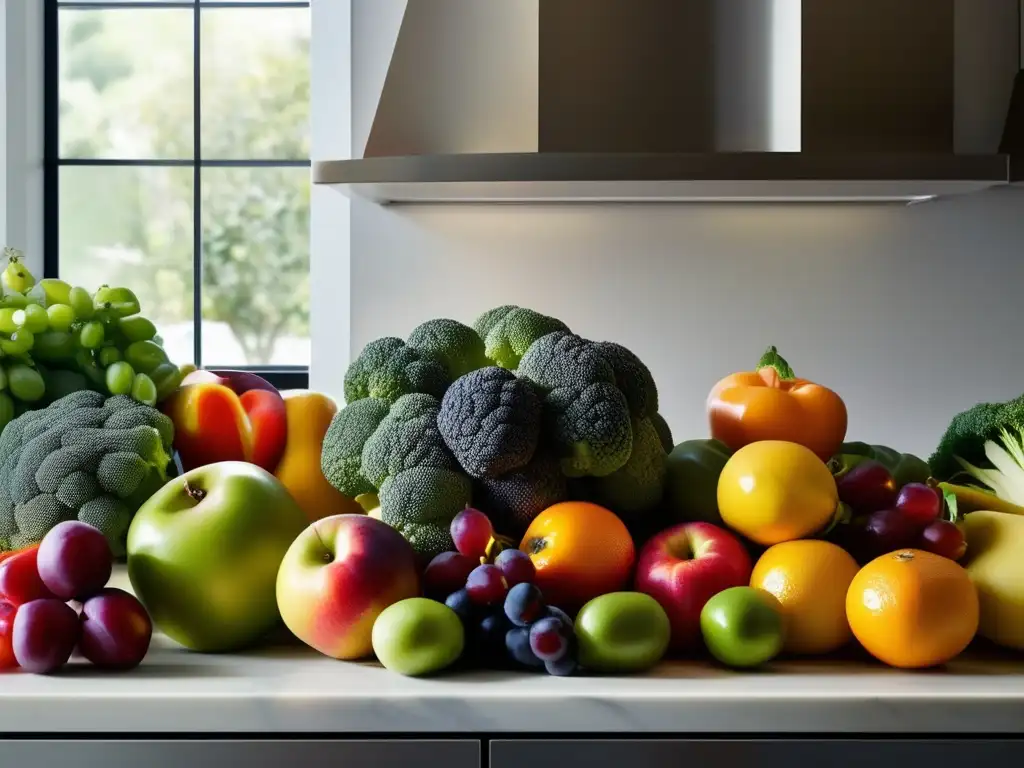 Una exquisita composición de frutas y verduras frescas en una cocina moderna. <b>Alimentos para regenerar mucosa gastrointestinal.