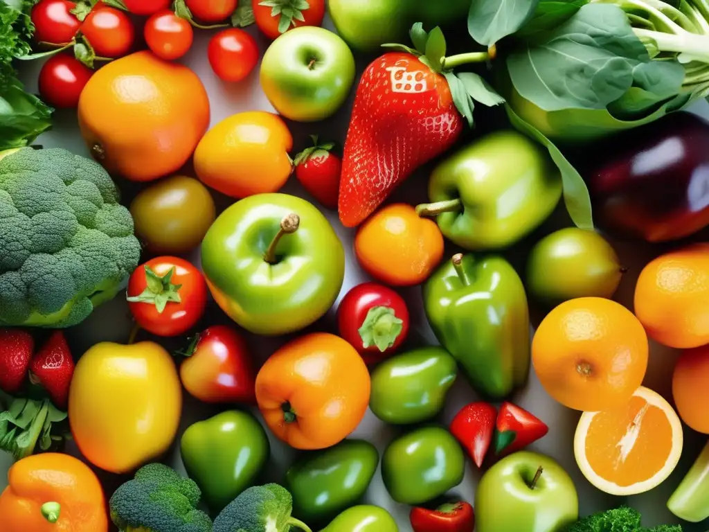 Una exquisita composición de frutas y verduras frescas, vibrantes y saludables, evocando la belleza de la alimentación nutritiva. <b>Identificación y tratamiento de trastornos alimenticios.