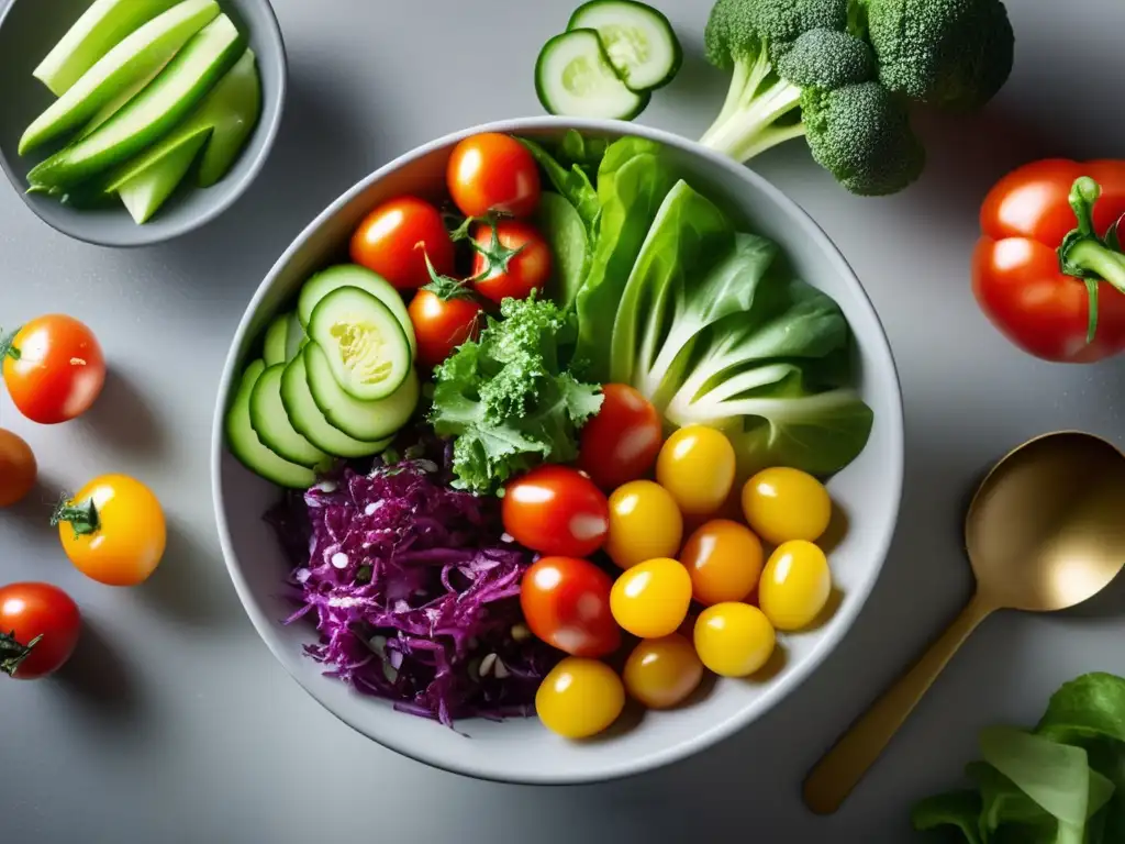 Una exquisita ensalada colorida con ingredientes orgánicos y frescos, en una cocina moderna. <b>Actividades prácticas alimentación saludable.