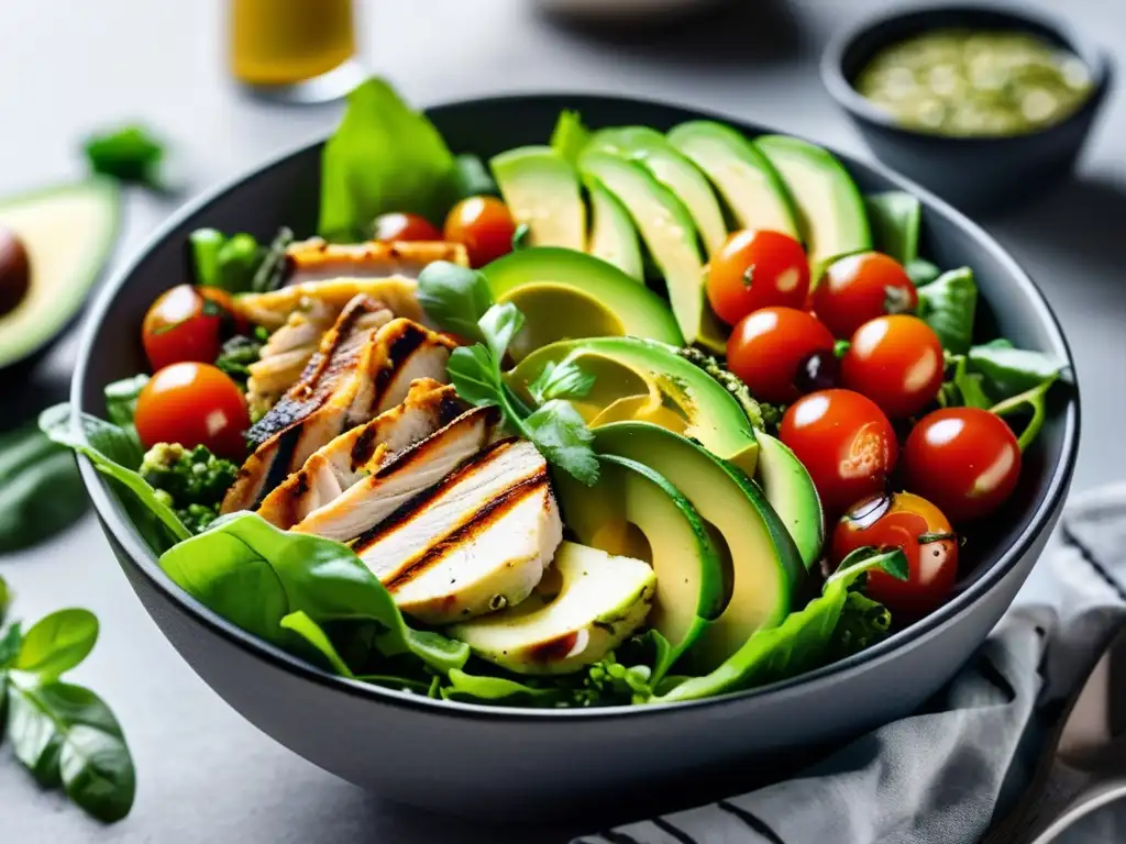 Una exquisita ensalada colorida y vibrante en un bol minimalista, perfecta para cenas saludables para controlar azúcar.