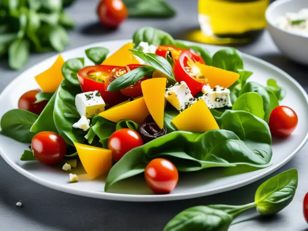 Ensalada mediterránea vibrante y deliciosa en plato minimalista