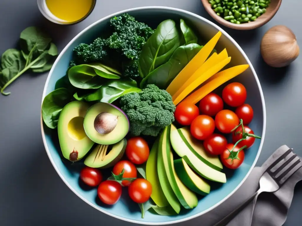 Una exquisita ensalada vegana cruda con kale, espinacas, pimientos, tomates y aguacate, realzando los beneficios de la dieta vegana cruda.