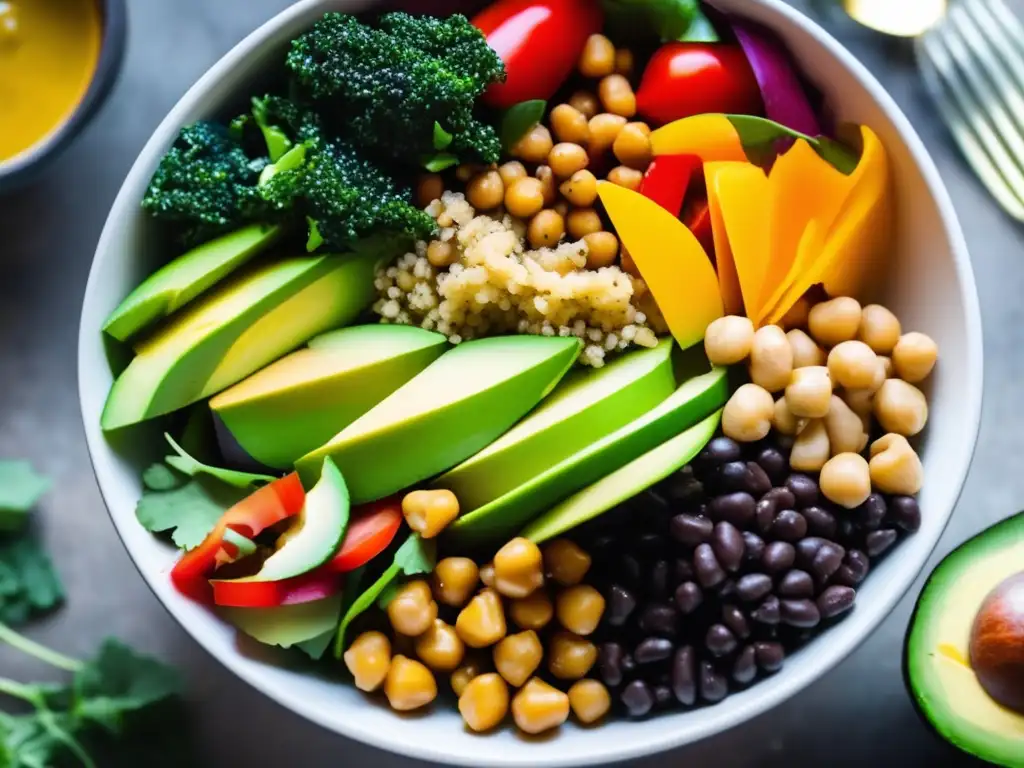 Una exquisita ensalada vegana llena de color y nutrientes, resaltando las técnicas de cocina de plantas, fibra y proteínas.