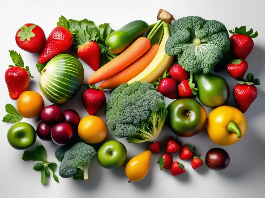 Una exquisita exhibición de frutas y verduras frescas, vibrantes y saludables. <b>Un festín visual que inspira consejos de nutrición y alergia al maní.