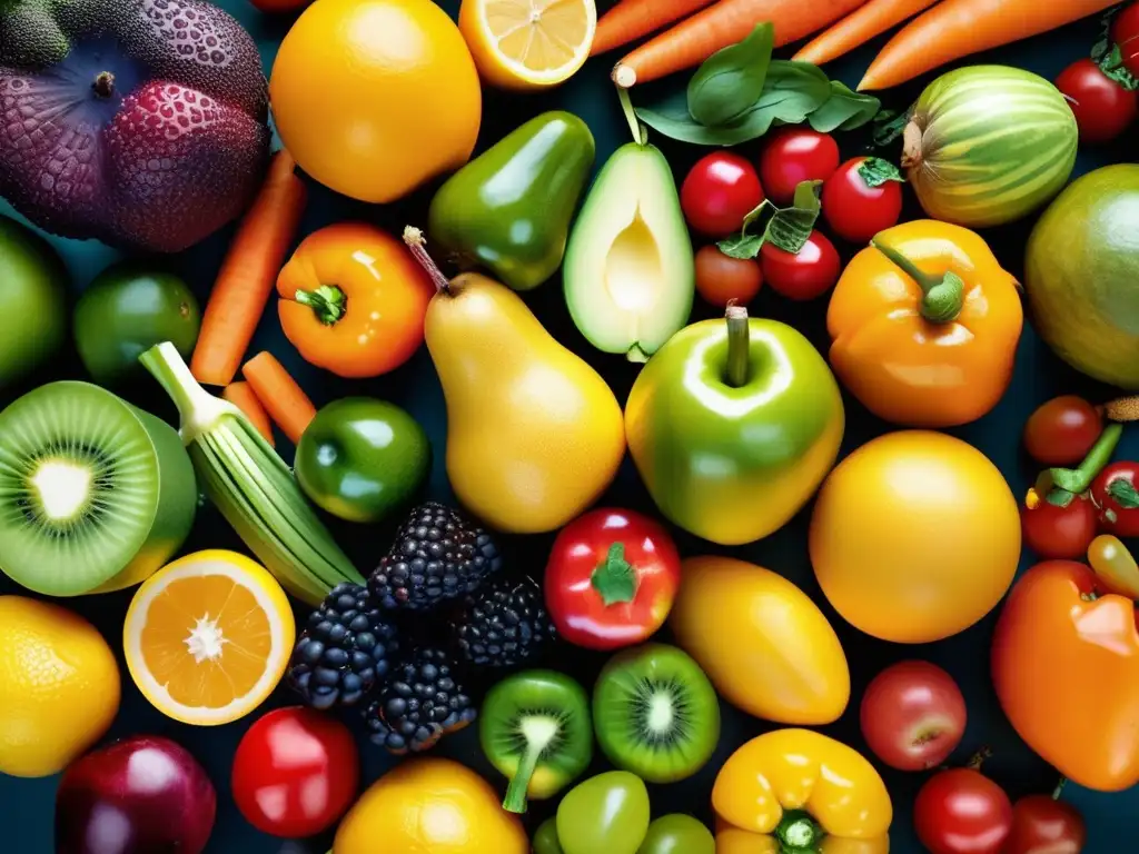 Una exquisita exhibición de frutas y verduras coloridas resalta la importancia de la nutrición para el rendimiento deportivo de los atletas.