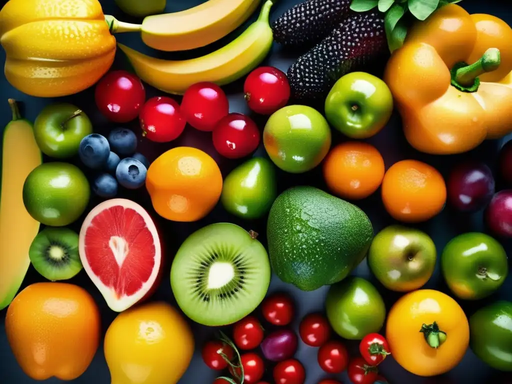 Una exquisita exhibición de frutas y verduras frescas con gotas de agua, evocando frescura y salud. <b>Recursos para una alimentación saludable.